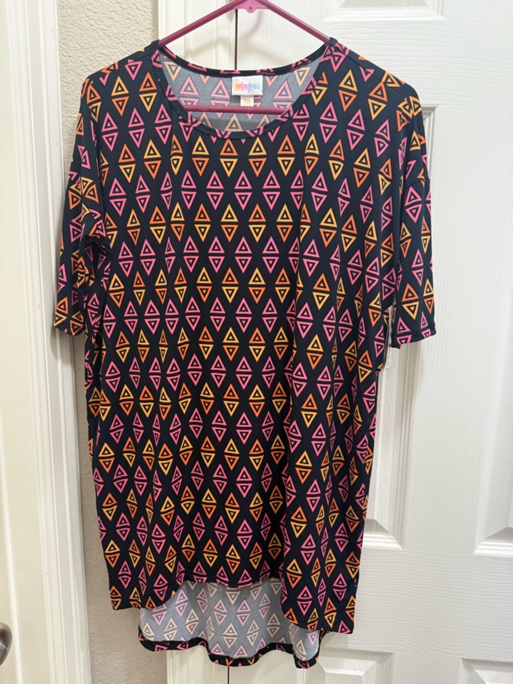 LuLaRoe Black Irma Tunic with Pink and Orange Geometric Triangles
